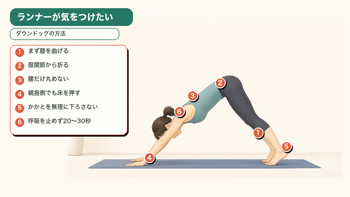 ランナーが気をつけたいダウンドッグの方法。まず膝を曲げる、股関節から折る、腰だけ丸めない、親指側でも床を押す、かかとを無理に下ろさない、呼吸を止めず20から30秒保つ。