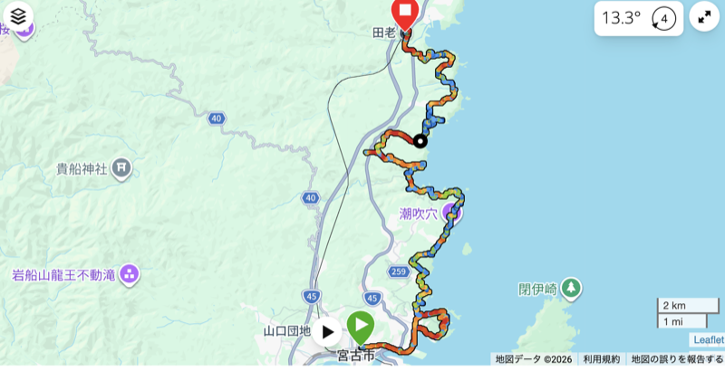 みちのく潮風トレイル ルートマップ(宮古市→たろう駅37km)