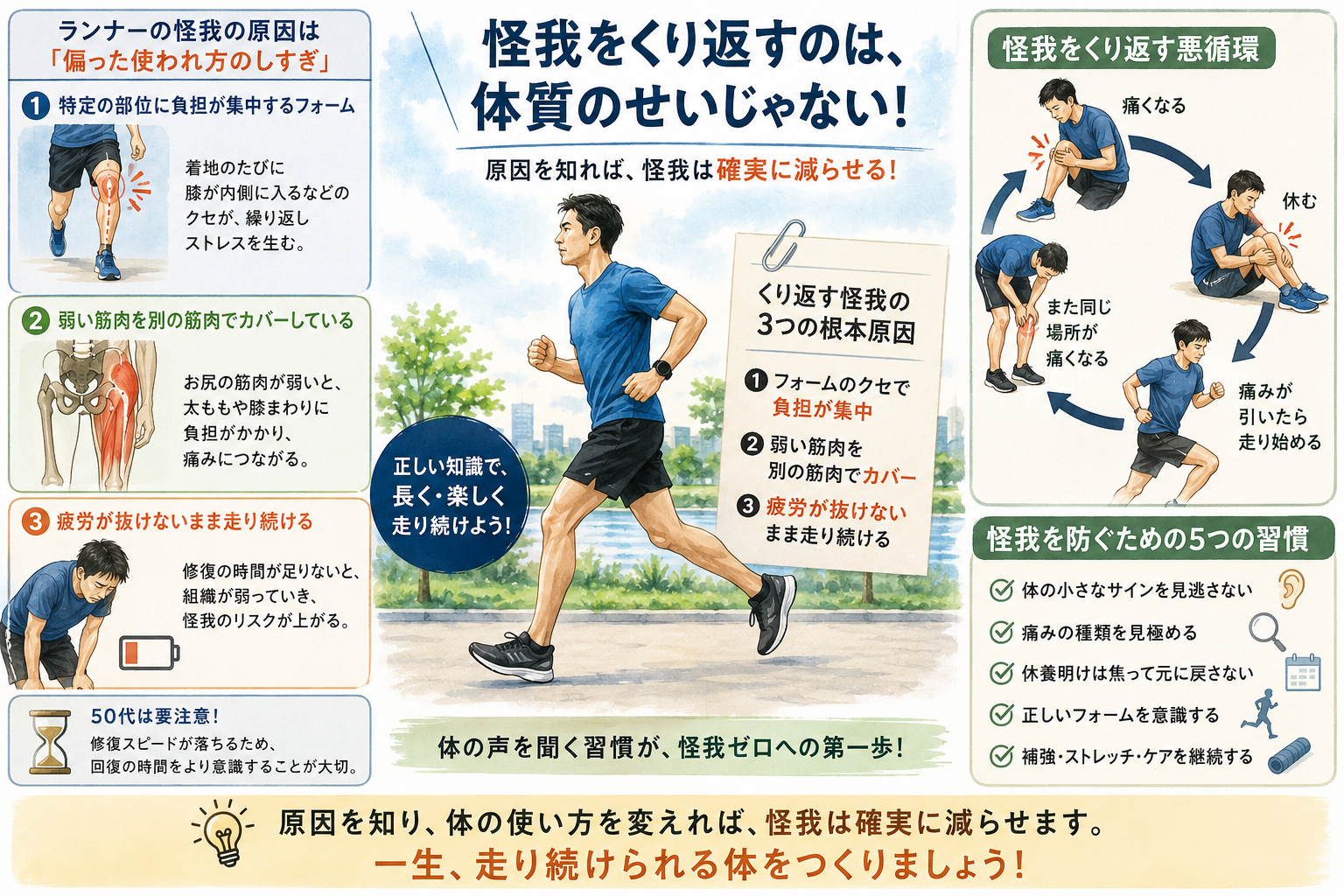 くり返す怪我の根本原因と怪我をくり返す悪循環の図解