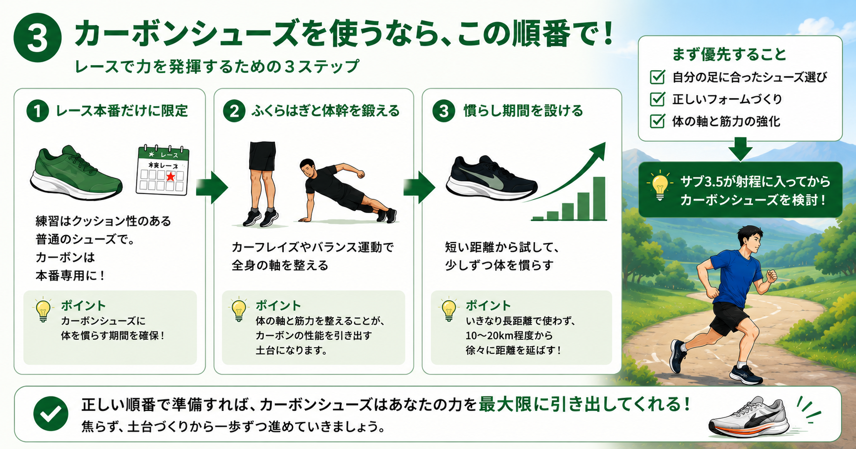 カーボンシューズを使うなら レースで力を発揮するための3ステップ