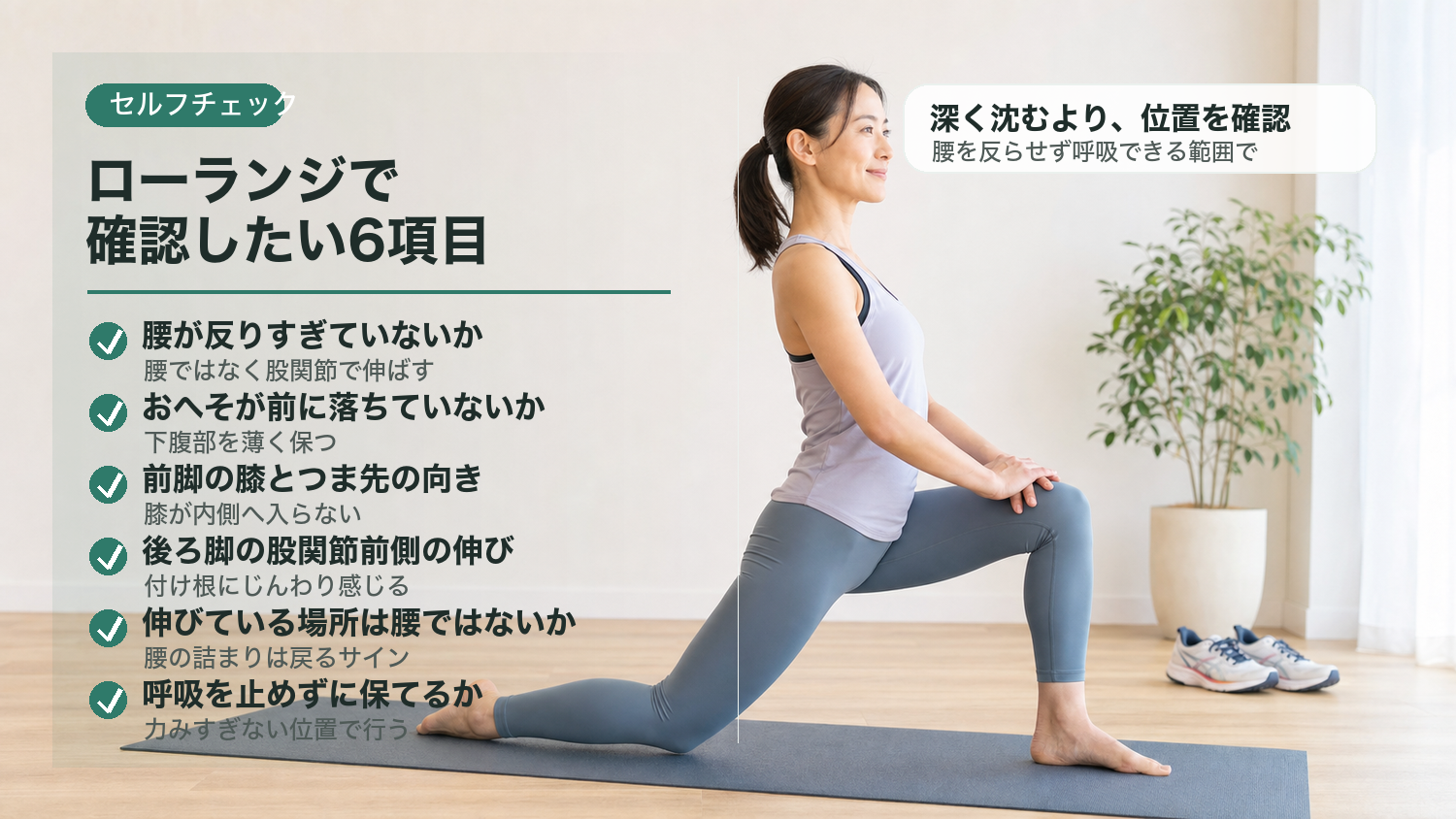 ローランジで確認したいセルフチェック。腰の反り、おへその位置、前脚の膝とつま先の向き、後ろ脚の股関節前側の伸び、伸びている場所、呼吸を確認する。