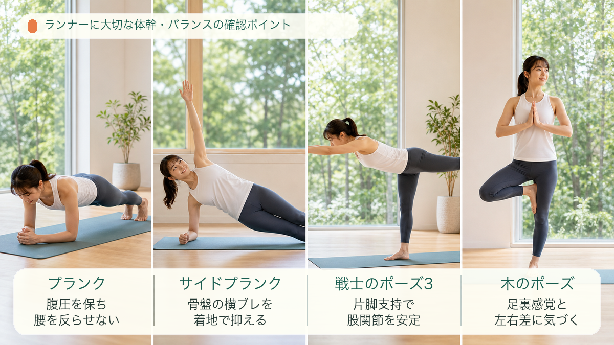 若い女性ランナーがヨガポーズで体幹とバランスを確認するポイント解説画像