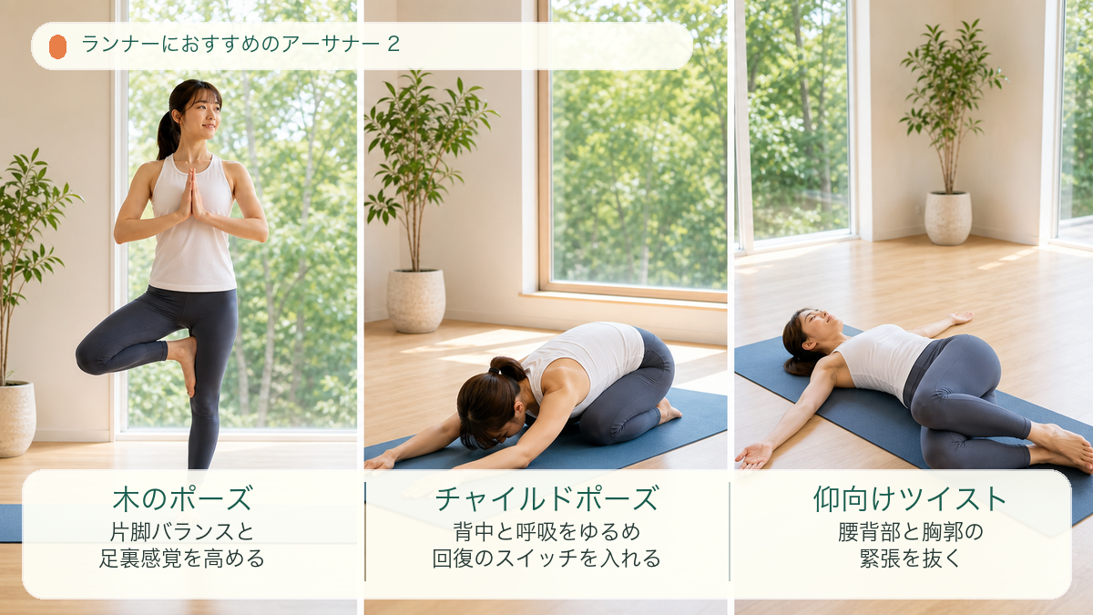 木のポーズ、チャイルドポーズ、仰向けツイストのランナー向けコメント入りイラスト