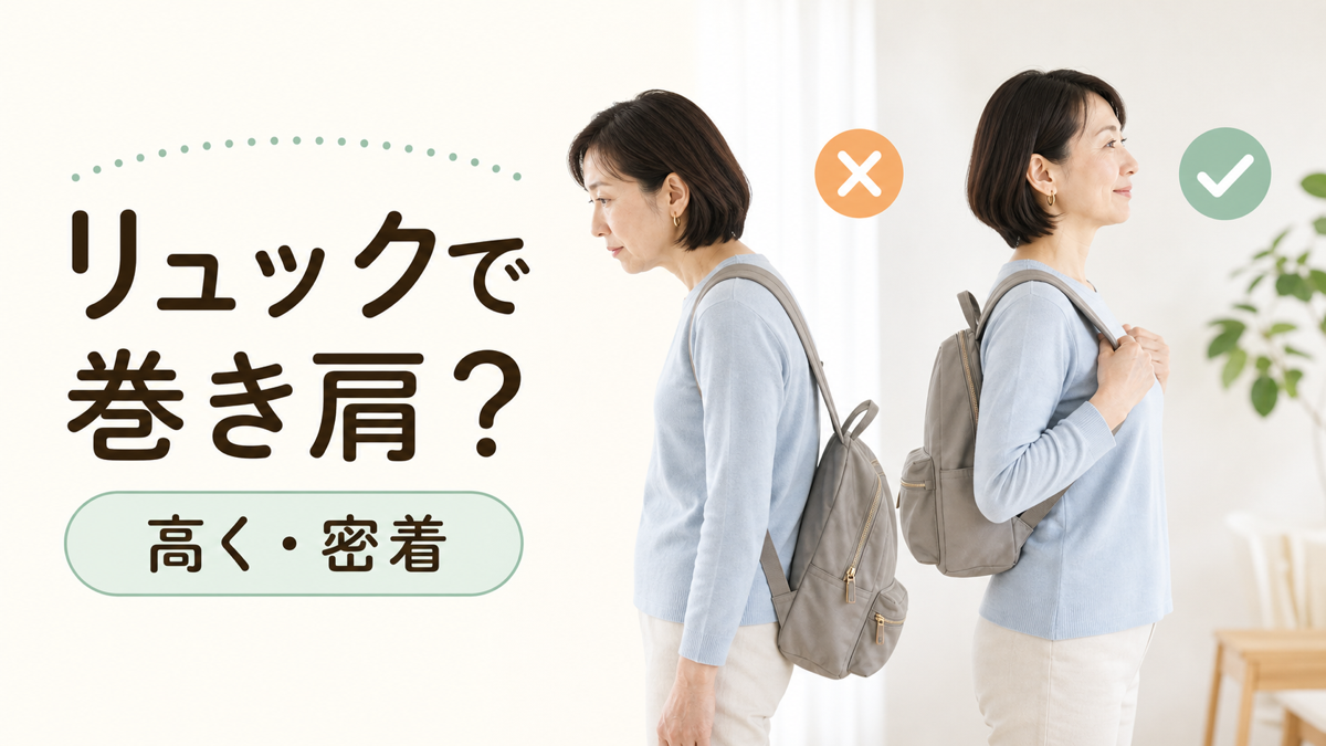 リュックの背負い方で巻き肩が変わることを示すアイキャッチ