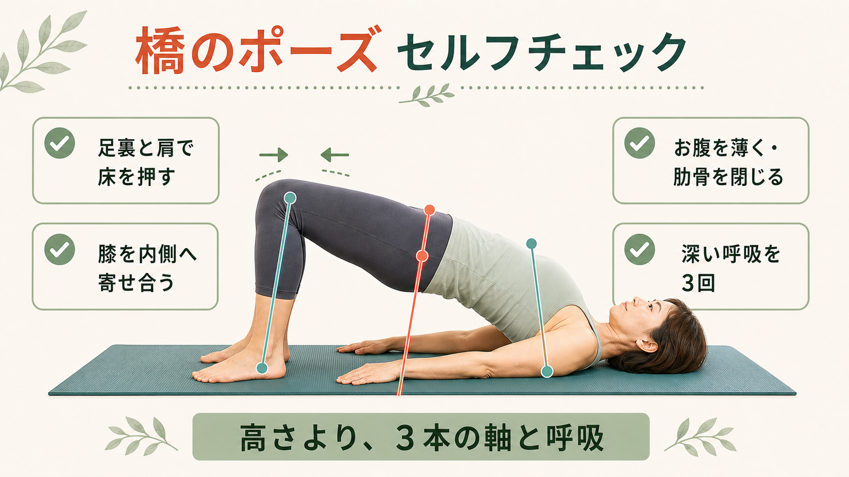 橋のポーズで左右の足裏と肩、股関節、身体中央の軸、膝、肋骨、呼吸を確認するセルフチェック画像