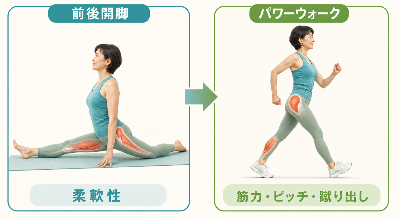 前後開脚の柔軟性とパワーウォークに必要な筋力、ピッチ、蹴り出しを比較した解剖イラスト