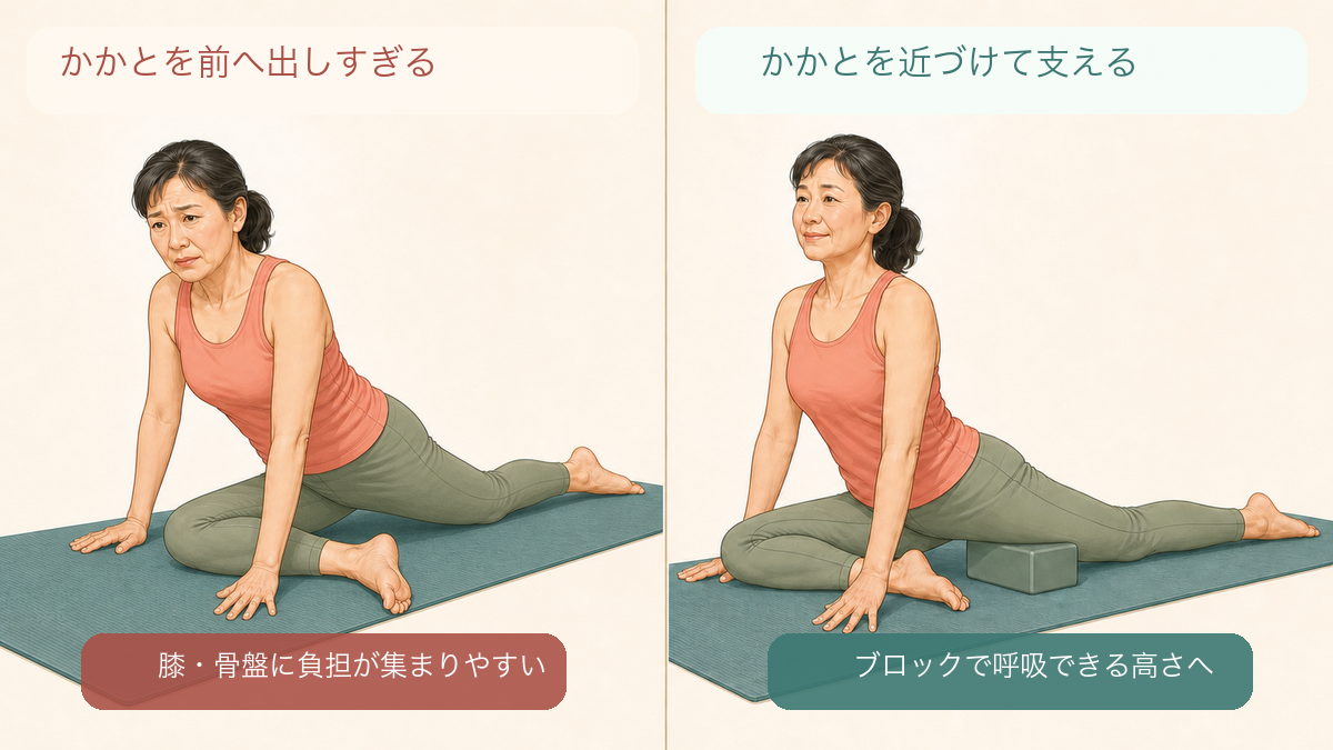 鳩のポーズで前脚のかかとを出しすぎた姿勢とブロックで骨盤を支えた姿勢の比較図