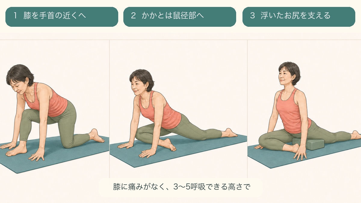 膝を手首の近くへ運び、かかとを鼠径部へ近づけ、浮いたお尻を支える鳩のポーズの手順