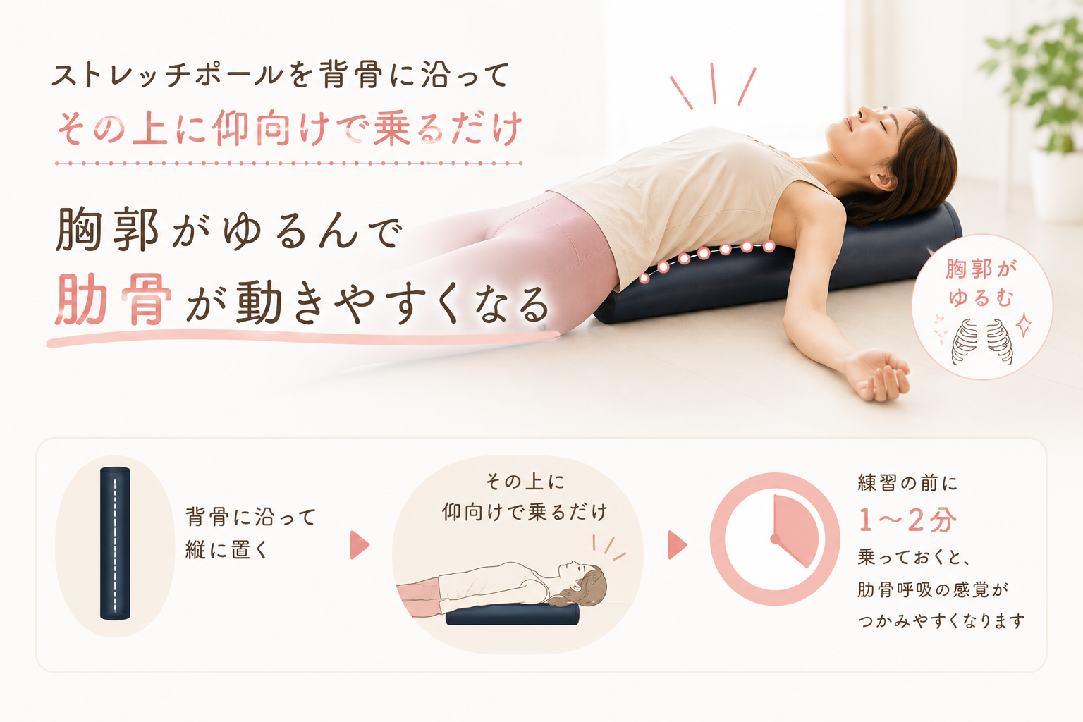 ストレッチポールに仰向けで乗って胸郭をゆるめる様子