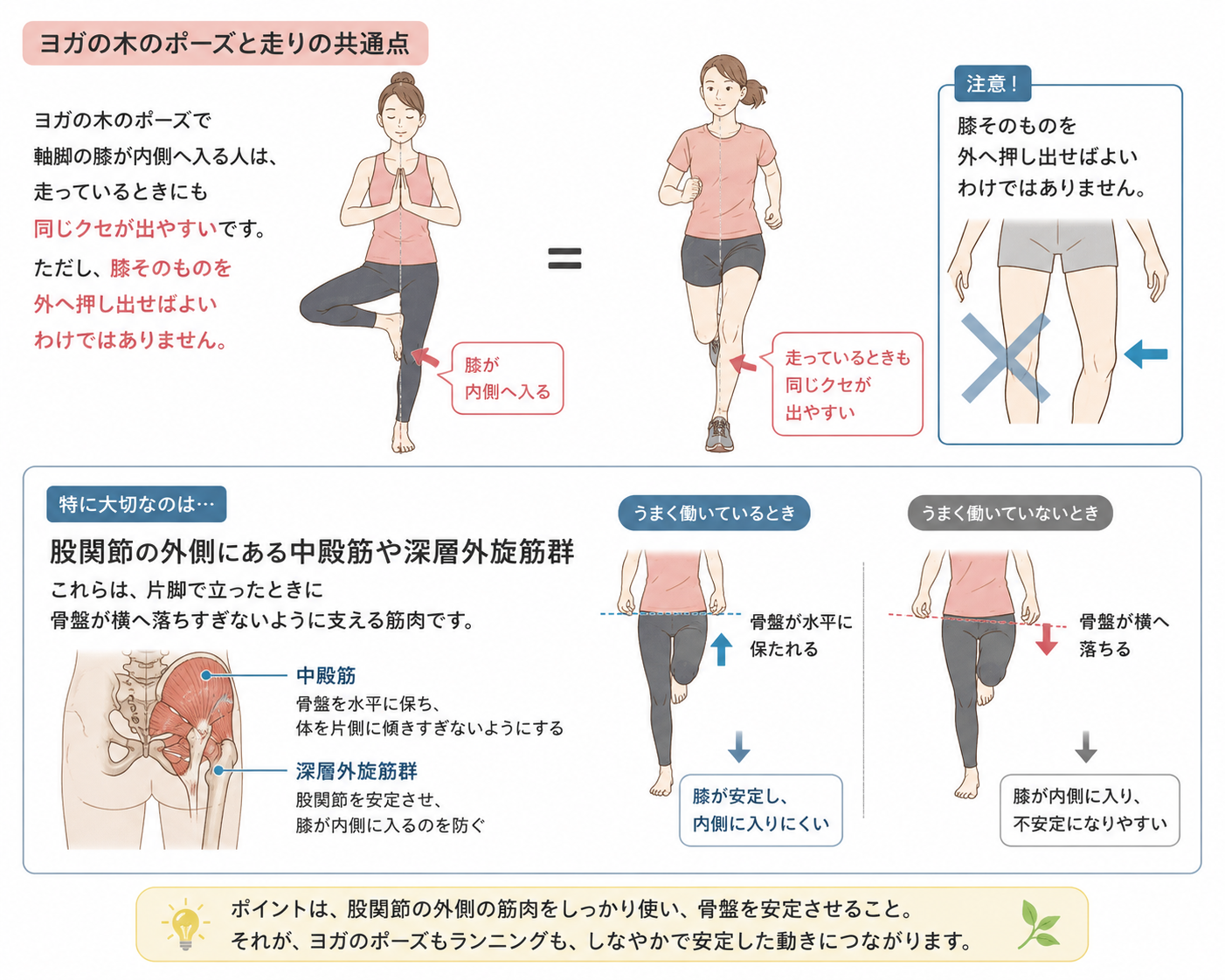 ヨガの木のポーズとランニングに共通する膝の内側への入りやすさ、股関節外側の筋肉による骨盤安定を説明する挿絵