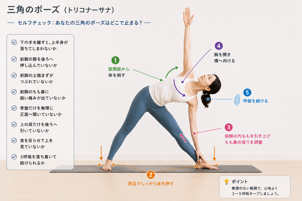 三角のポーズで膝、足裏、骨盤、胸郭、呼吸を確認するセルフチェック画像