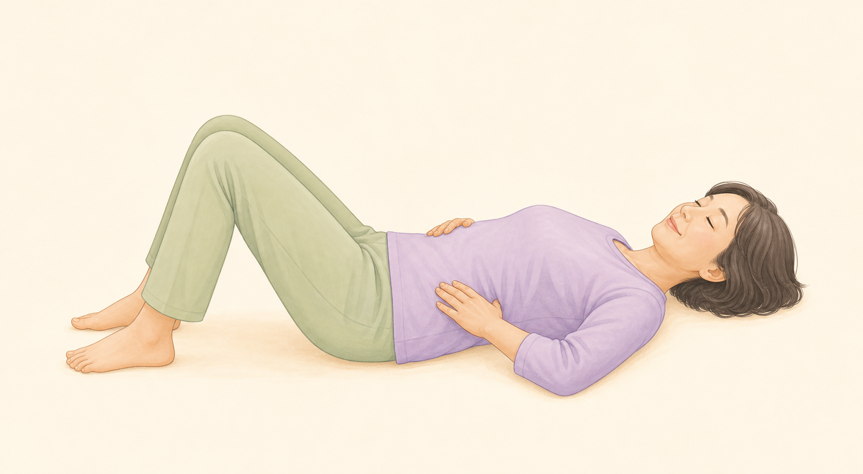 仰向けに寝て膝を立て、両手をお腹に当てて風船呼吸をする女性のイラスト