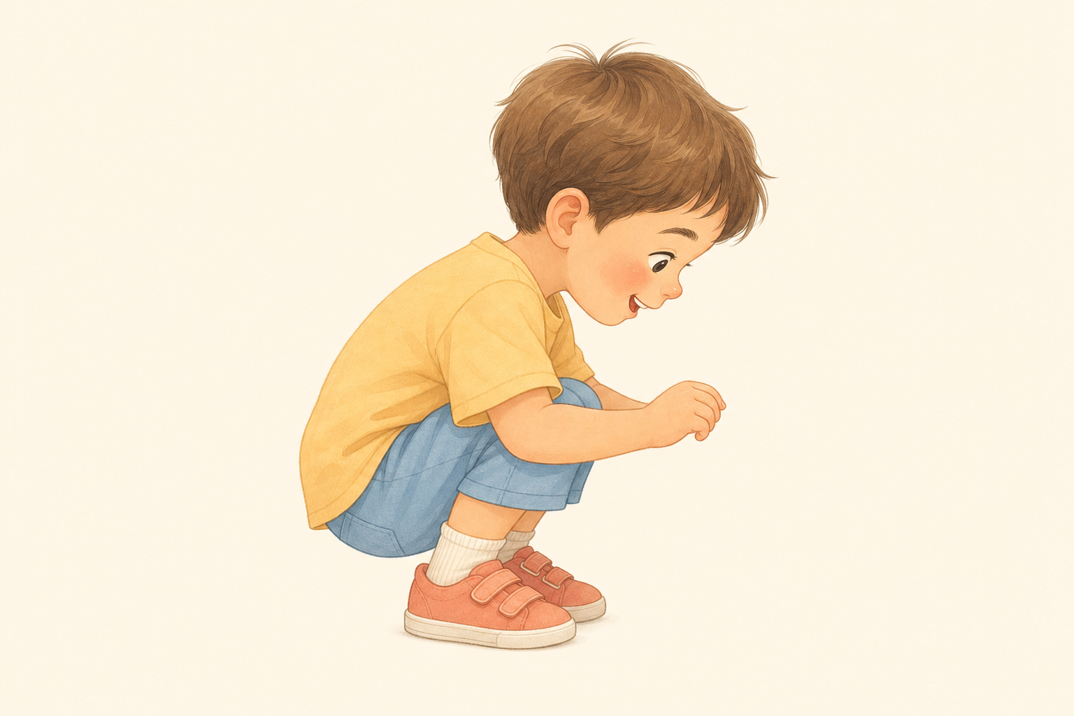 かかとを床につけて深くしゃがんで遊ぶ子供のイラスト